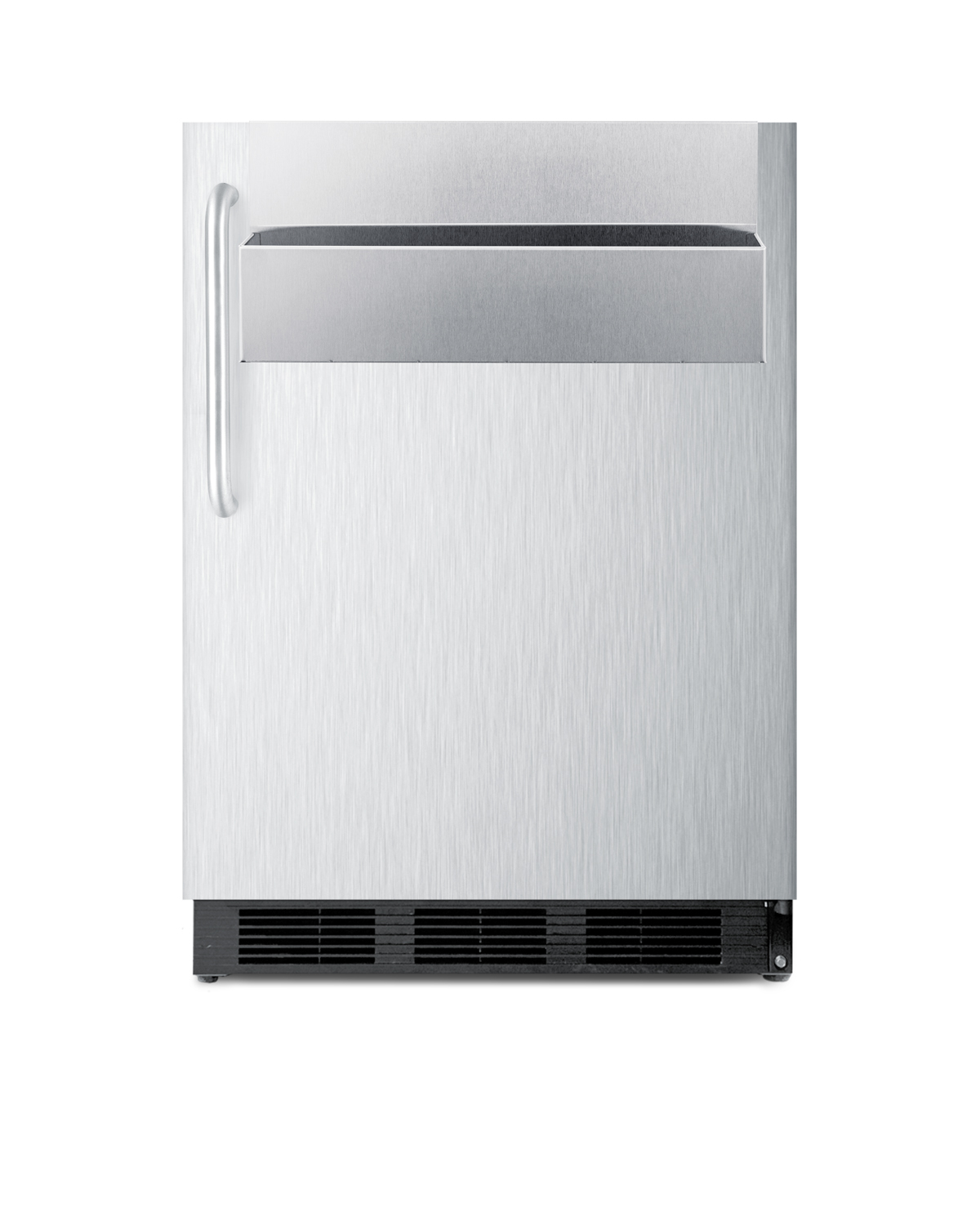 Commercial outdoor all-refrigerator for built-in or freestanding use, with removable Speed Rail and complete stainless steel exterior